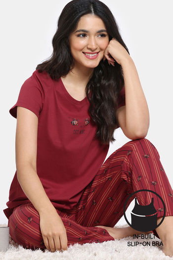 Buy Zivame Buzzers Knit Cotton Pyjama Set - Karanda Red